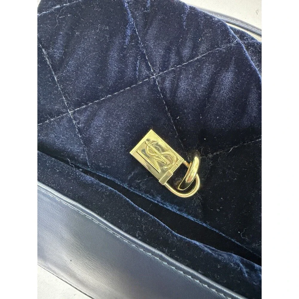 Steve Madden Midnight Navy Blue Velvet Quilted Shoulder Bag Gold Chain Link